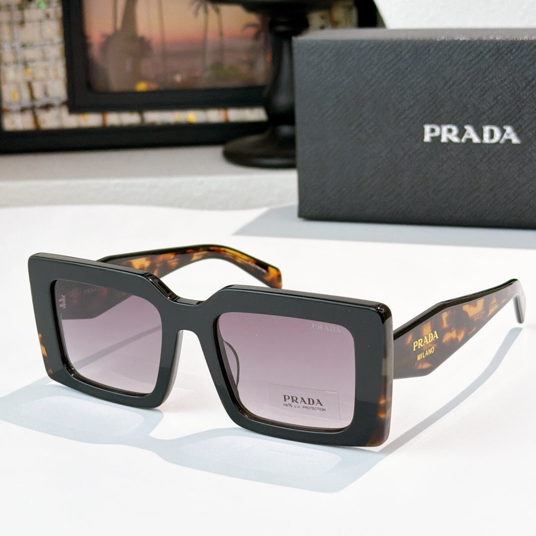 Prada square sunglasses with dark frame, tortoiseshell temples, and purple lenses