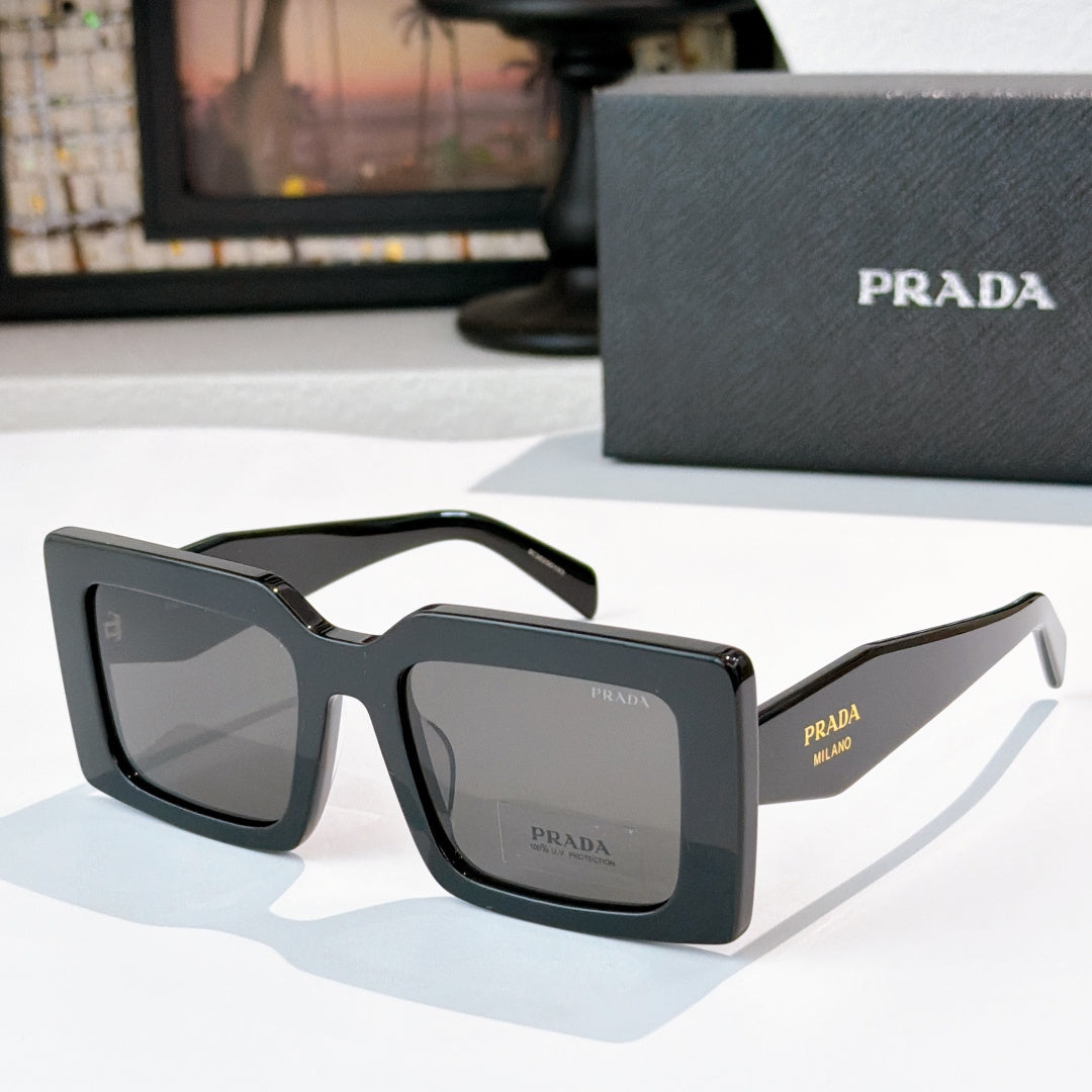 Prada square sunglasses with black frame and gray lenses