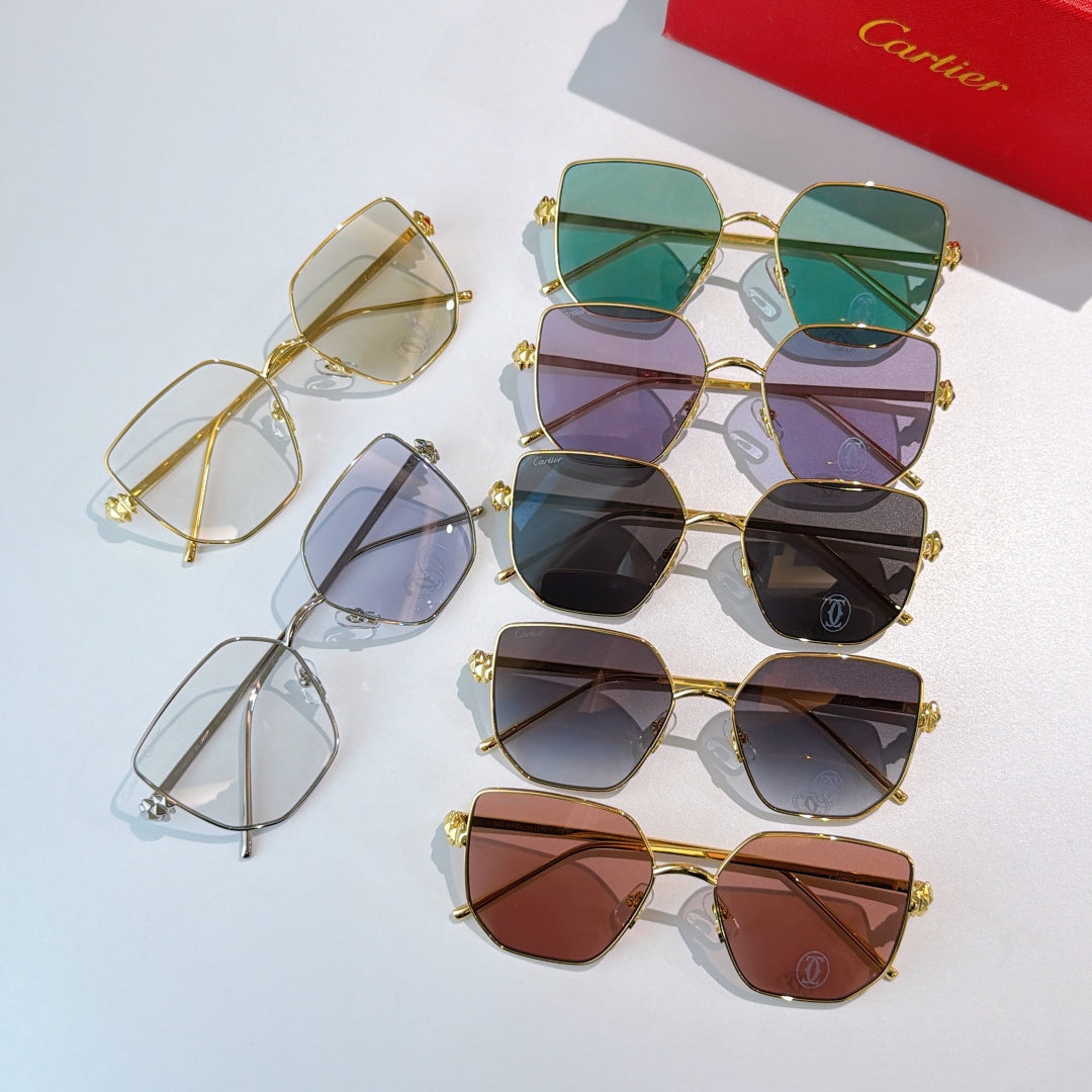 Set of gold-framed glasses with multicolor tinted lenses, square rounded style