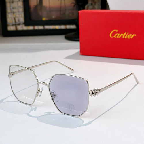 Designer glasses with silver-tone frames and light purple tinted lenses