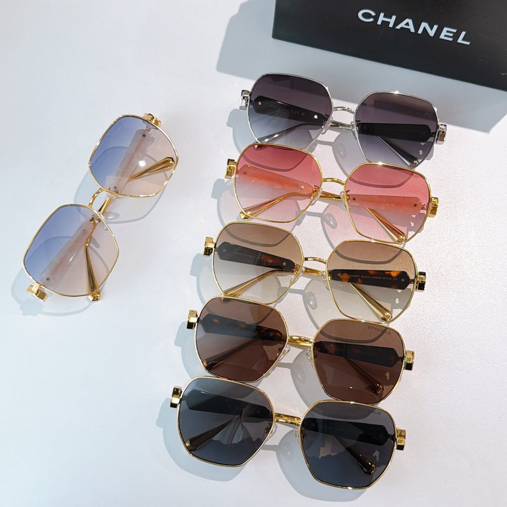 Chanel sunglasses assortment with gold frames and assorted tinted lenses (8 pairs shown)