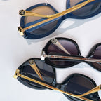 Chanel sunglasses close-up with blue frames and gold-toned details