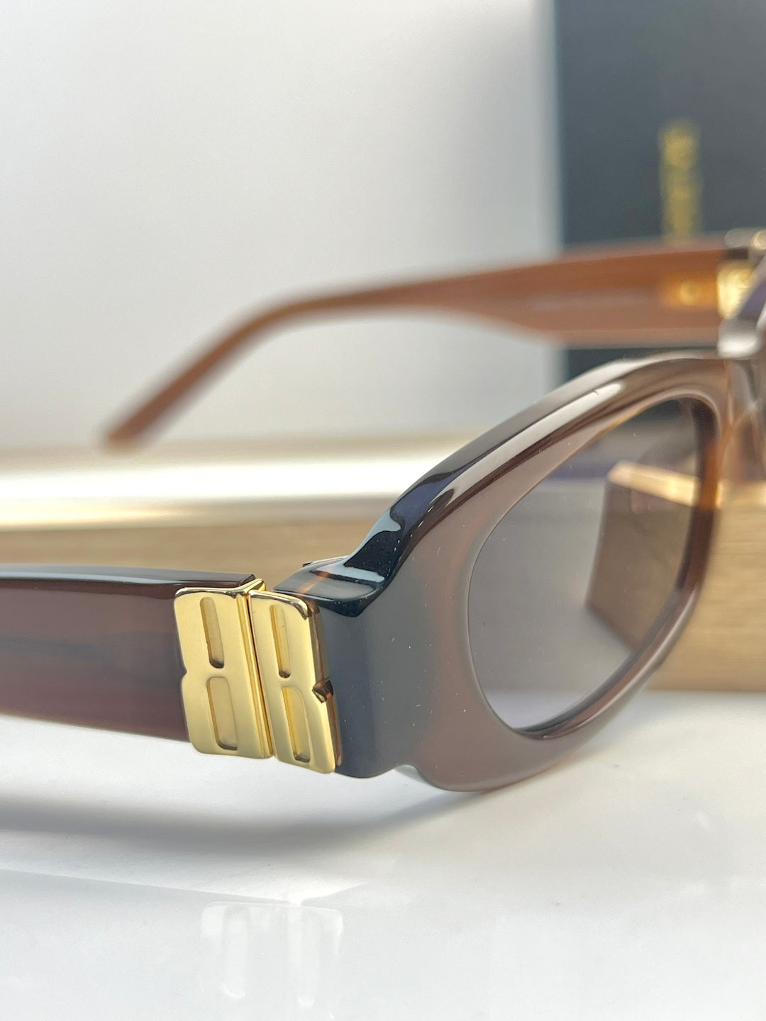 Balenciaga sunglasses close-up of temple hinge with gold detail and tinted lenses.