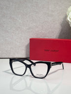 YSL black eyeglasses with full-rim rectangular lenses and logo on the temple