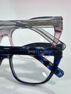 Blue eyeglasses side view with SAINT LAURENT logo on temple bar