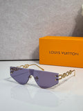Louis Vuitton sunglasses with dark purple gradient lenses and gold-tone chain temples