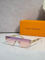 Louis Vuitton sunglasses with lavender-to-purple lenses and gold-tone chain temple arms