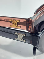 Celine sunglasses temple detail with gold and silver logo on dark frame