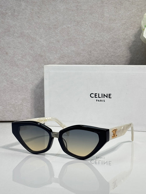 Celine cat-eye sunglasses with black frames and gold logo at the temple