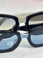 MiuMiu sunglasses close-up with dark frames and reflective lenses