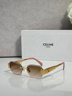 Celine sunglasses with brown frames, gradient lenses, and pink/red temples with gold logo