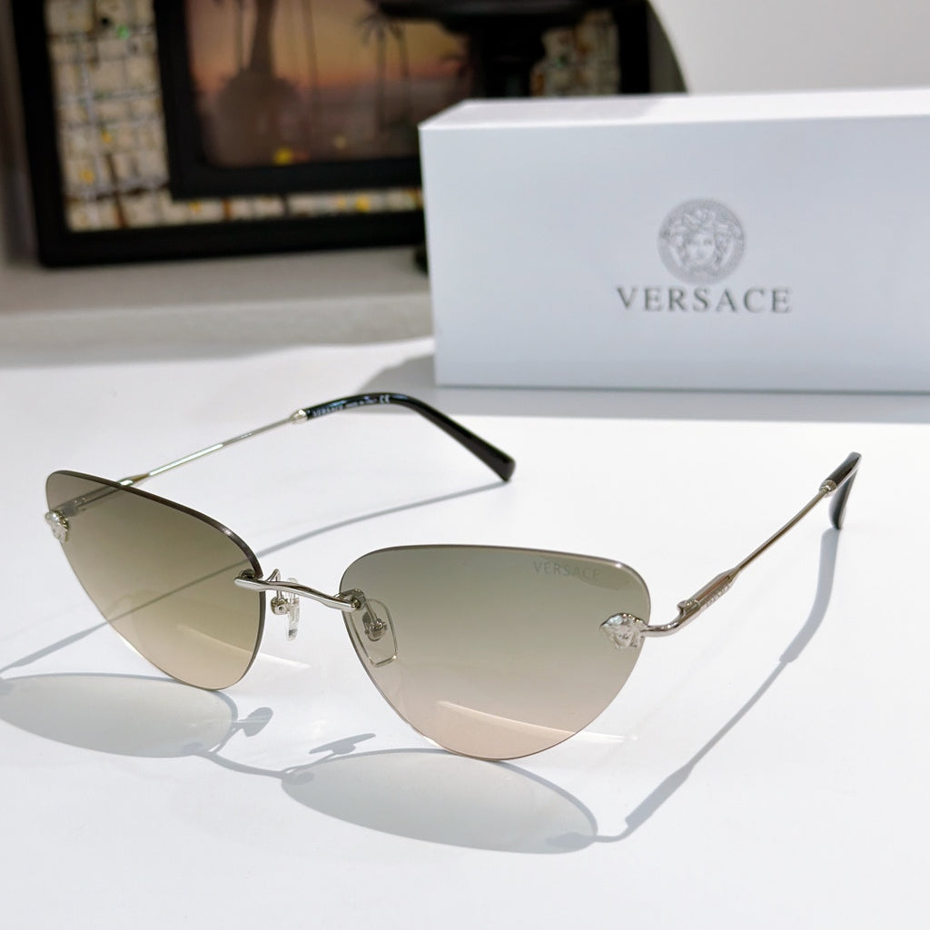 Versace sunglasses with light beige lenses and silver-tone metal frame, cat-eye shape