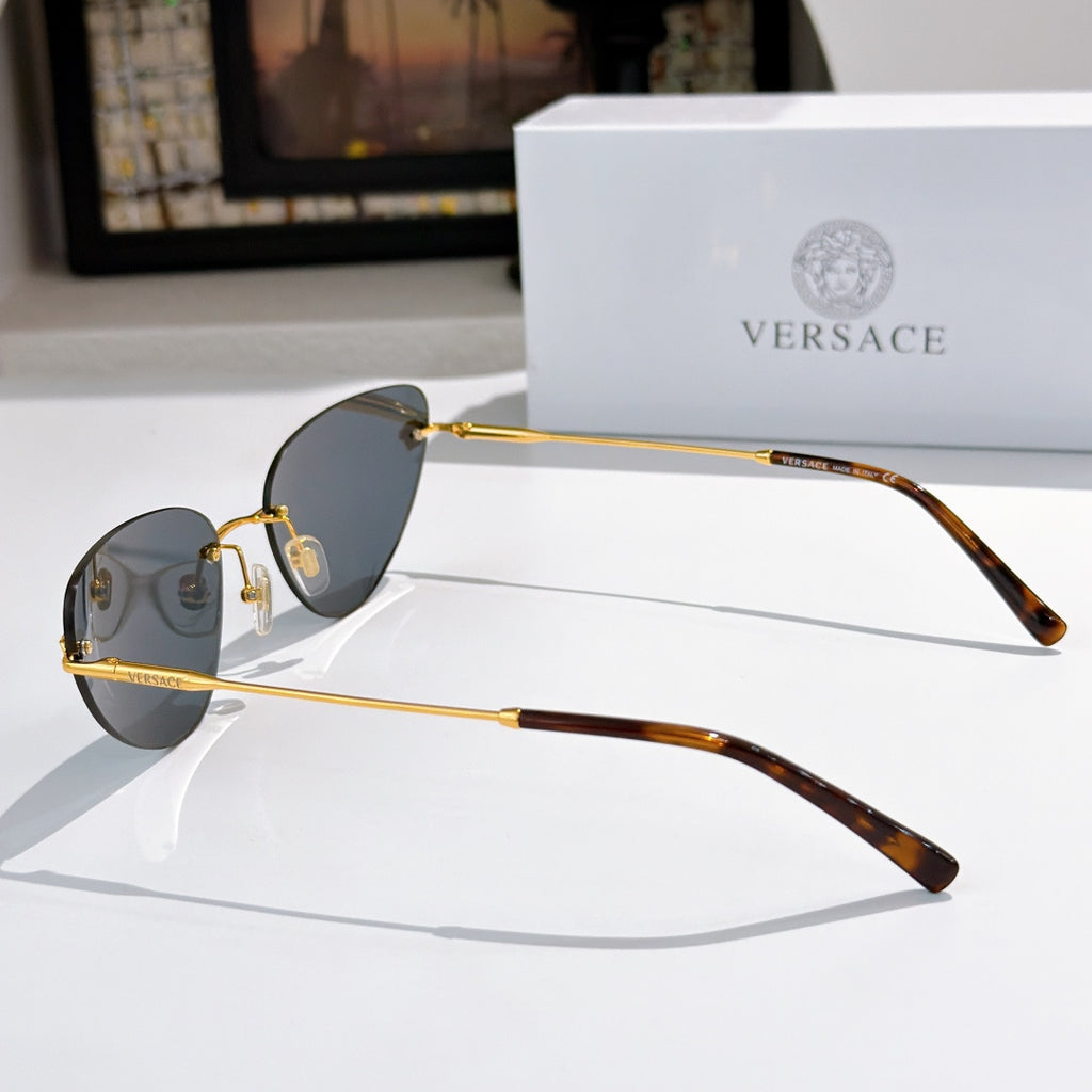 Versace sunglasses side view with dark lenses and gold frame, tortoise arms