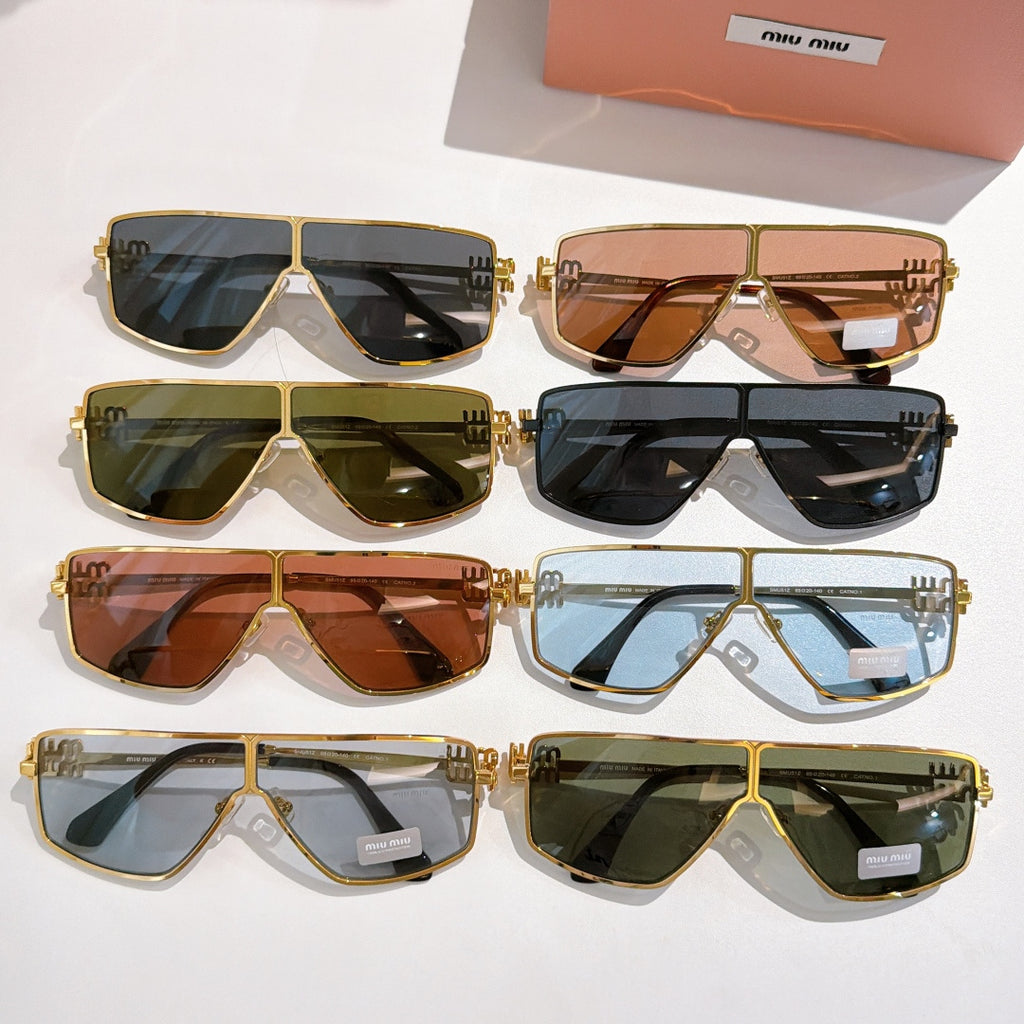 MiuMiu aviator sunglasses set: assorted frames and tinted lenses with gold logo temples.