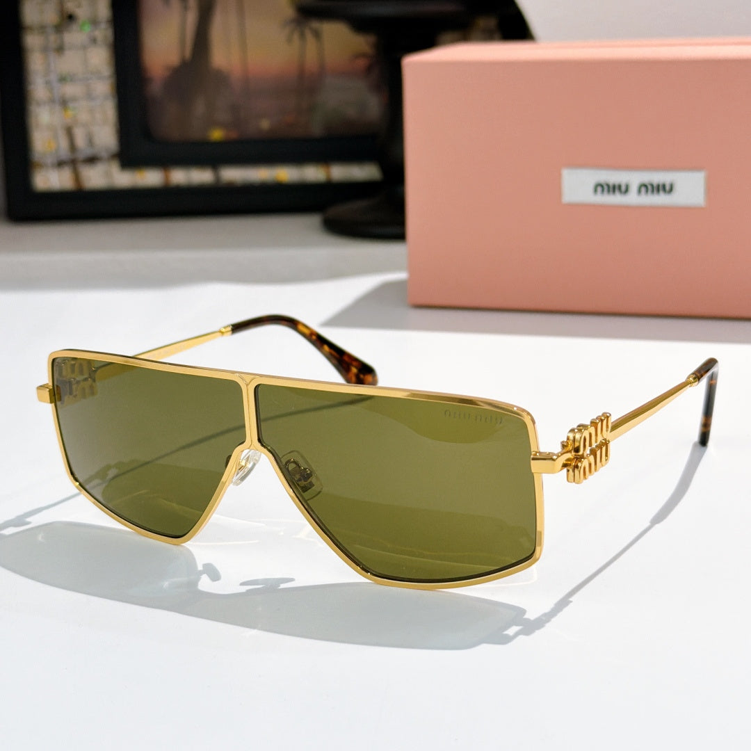 MiuMiu aviator sunglasses with gold frame and olive-tinted lenses, tortoise temple accents.