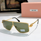 MiuMiu aviator sunglasses with gold frame and green-tinted lenses, gold logo temples.