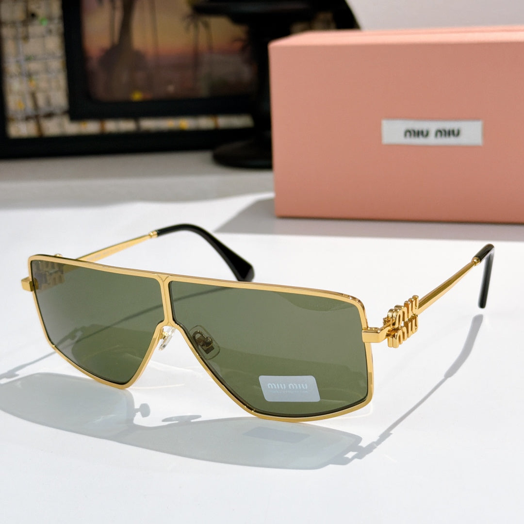 MiuMiu aviator sunglasses with gold frame and green-tinted lenses, gold logo temples.