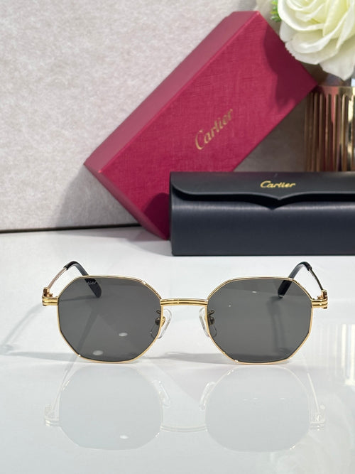 Cartier round sunglasses, gold-tone frame with dark lenses and logo on temple