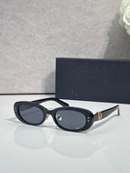 Dior black oval sunglasses with dark gray lenses and gold-tone emblem
