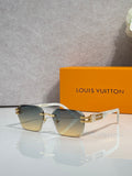 Louis Vuitton glasses with dark green frames and gold logo temples, gradient lenses