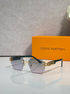 Louis Vuitton glasses with dark green frames and violet-tinted gradient lenses, gold hardware