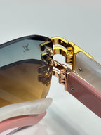 Louis Vuitton glasses close-up of gold hinge and pink temple with dark gradient lenses
