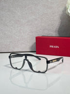 Prada rectangular eyeglasses with black frames and clear lenses, front view