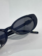 Close-up of dark cat-eye sunglasses lens and temple arm