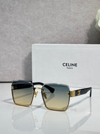 Square sunglasses with gold-tone frame and blue-green gradient lenses