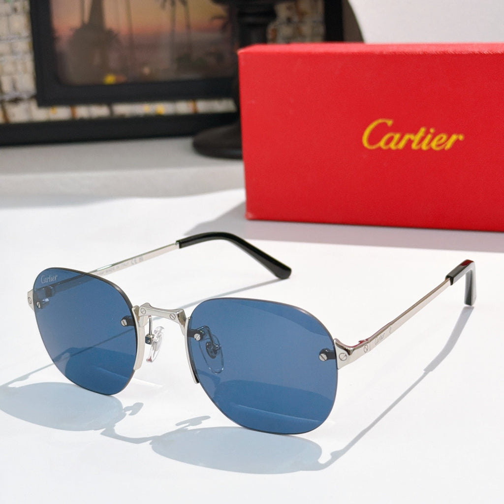 Silver-tone sunglasses with blue lenses and black temple arms.