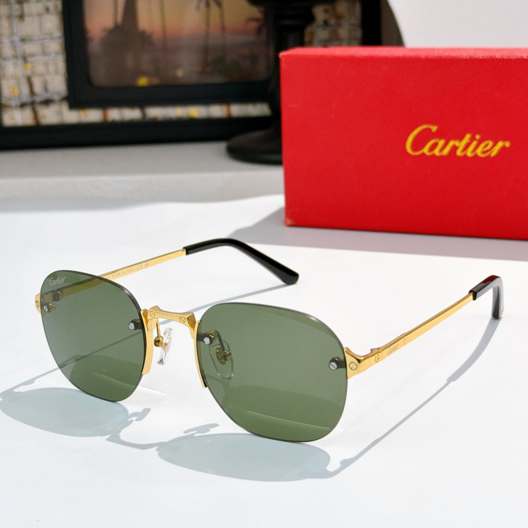 Gold-tone sunglasses with green lenses and black temple arms.