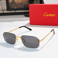 Cartier sunglasses with black frames, gold temples, dark gray tinted lenses