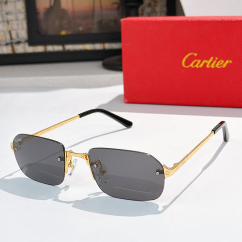 Cartier sunglasses with black frames, gold temples, dark gray tinted lenses