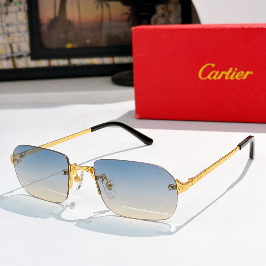 Cartier sunglasses with gold-and-black frames, blue tinted lenses