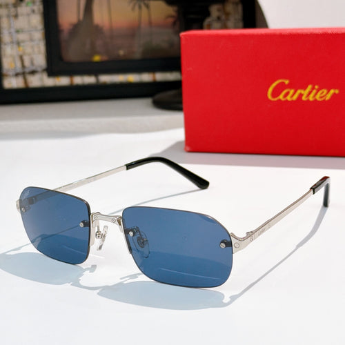 Cartier sunglasses with silver frames, gold temples, blue tinted lenses