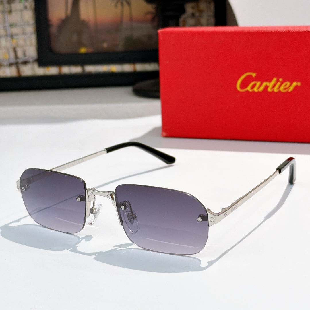 Cartier sunglasses with silver frames, black temple tips, dark purple tinted lenses