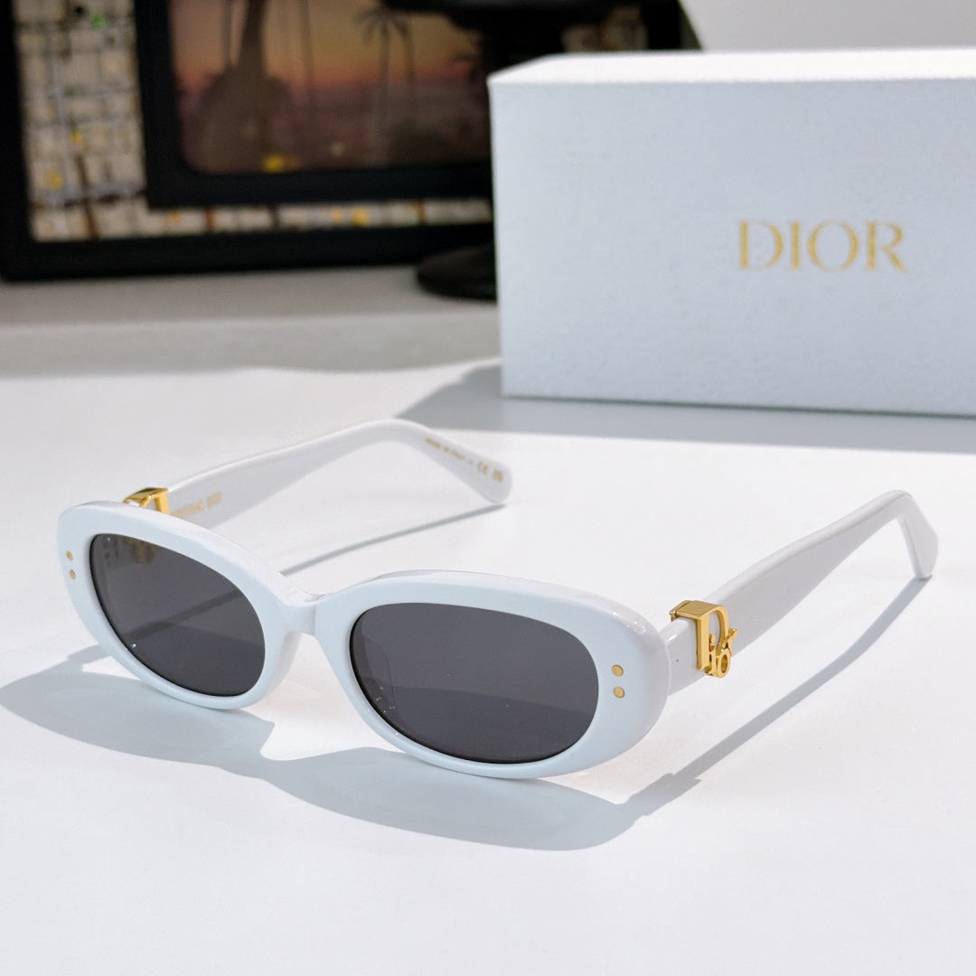 Sunglasses with white frames and dark lenses