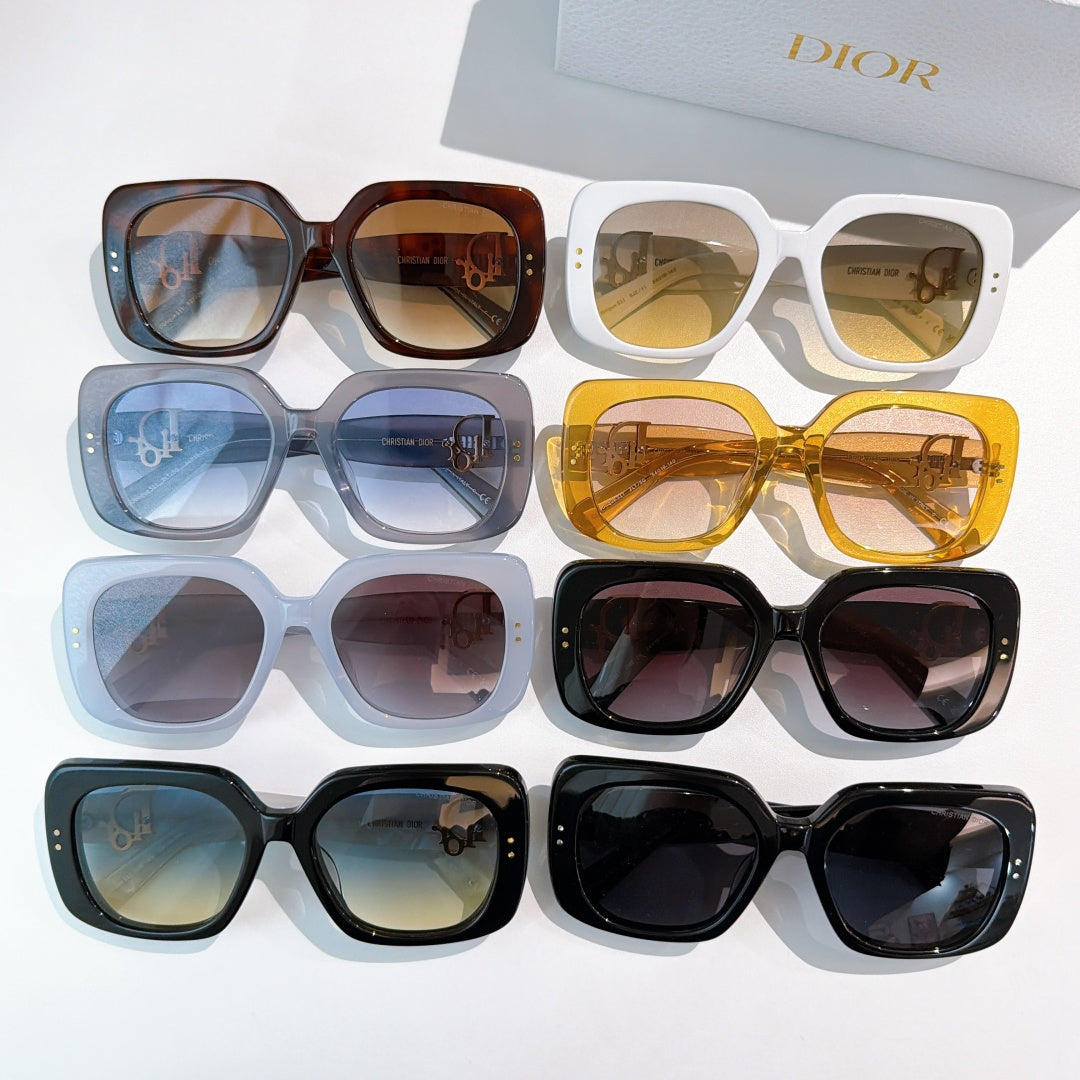 Assorted square sunglasses with multiple frame colors and gold logo hinge detail
