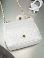 Chanel quilted white shoulder bag with gold clasp and long gold chain strap