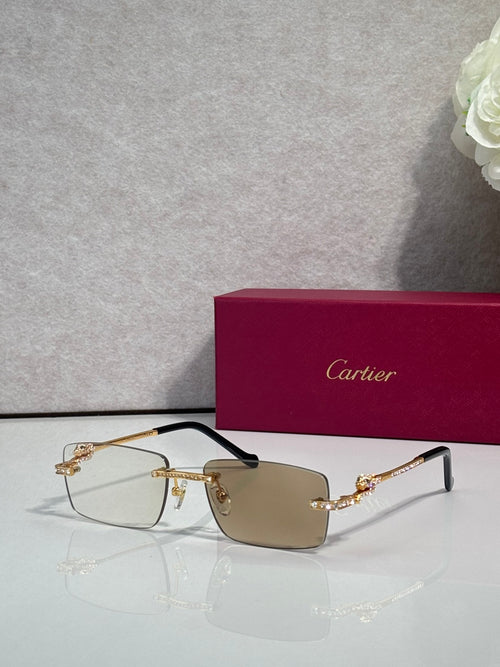 Eyeglasses with gold-tone temples, clear lenses, black front frame
