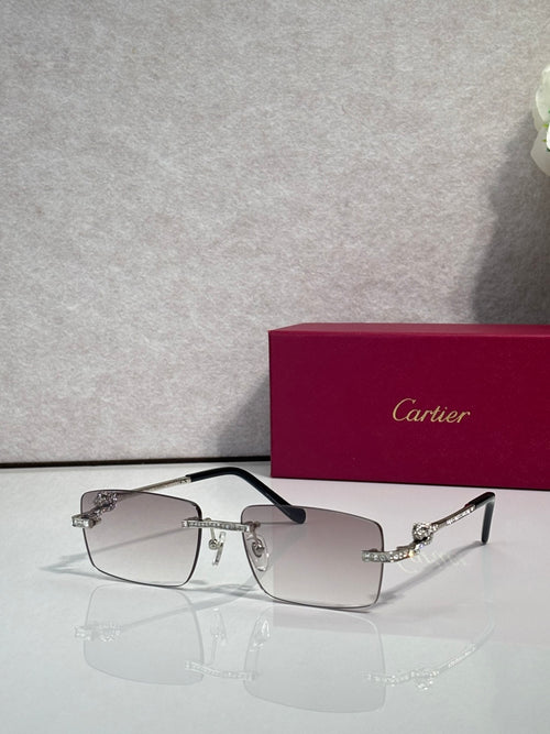 Cartier eyeglasses with clear gray lenses, silver frame, and blue stone embellishments.