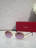 Cartier round eyeglasses with gold frame, light purple tinted lenses, black details