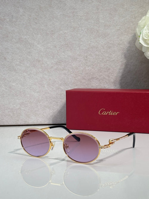 Cartier round eyeglasses with gold frame, light purple tinted lenses, black details