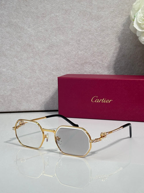 Cartier eyeglasses with gold round frames and light tinted lenses, angled view