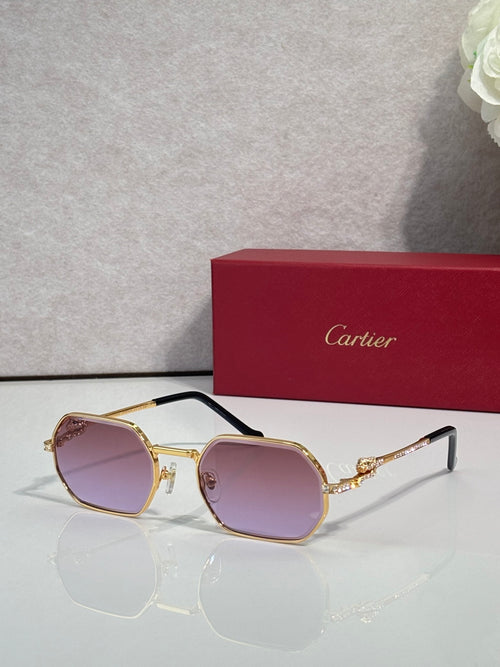 Cartier eyeglasses with gold round frames and purple-tinted lenses, black temple arms.