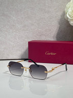 Gold metal eyeglasses with dark tinted lenses and black temple arms