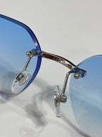 Cartier eyeglasses close-up: blue temple with metal hinge and clear light lenses