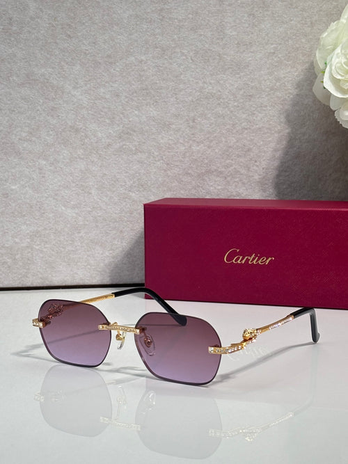 Cartier eyeglasses with black-and-gold frame, purple-pink gradient lenses and side ornaments