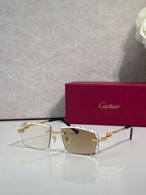 Gold metal eyeglasses with rectangular clear lenses and decorative temples
