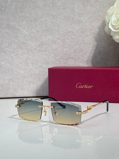 Cartier rectangular sunglasses with gold-tone frame, light tan lenses, jewel bridge detail